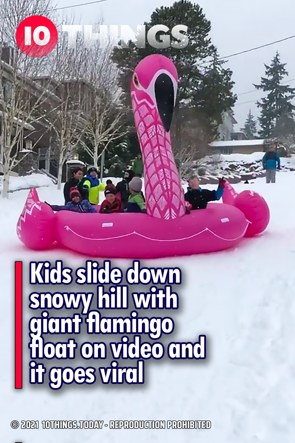 Kids slide down snowy hill with giant flamingo float on video and it goes viral